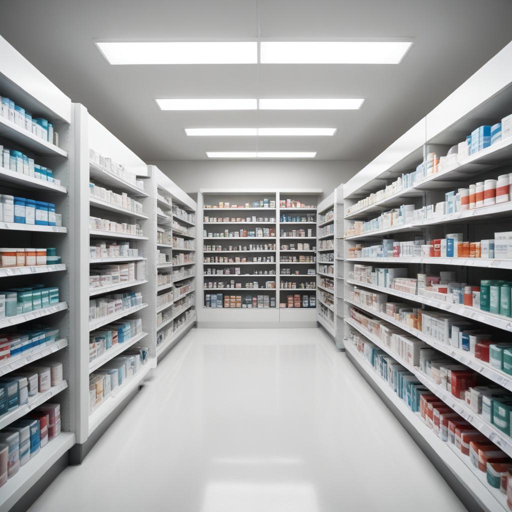 A pharmacy aisle stocked with medicine A pharmacy aisle stocked with medicine