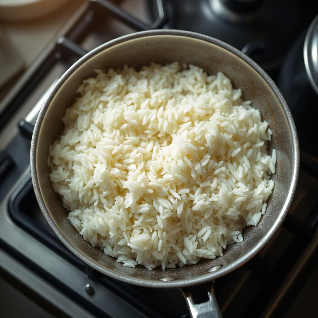Cooked rice in a pan on a stovetop Cooked rice in a pan on a stovetop