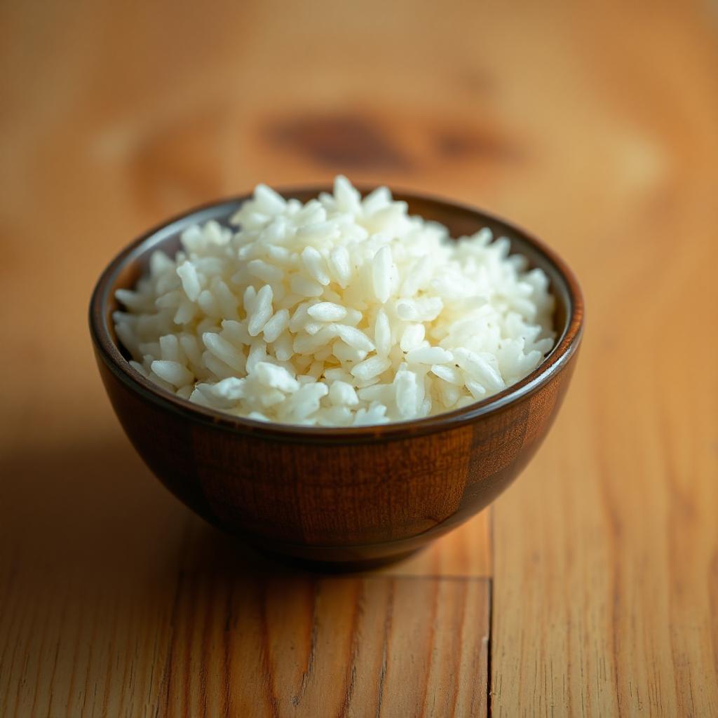 A bowl of white rice sits on a wooden table A bowl of white rice sits on a wooden table