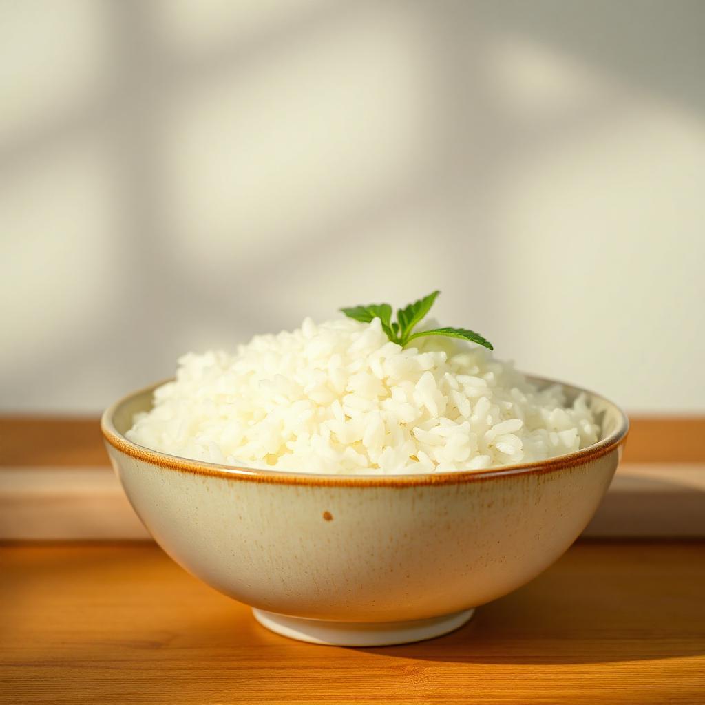 A bowl of rice sits on a table A bowl of rice sits on a table