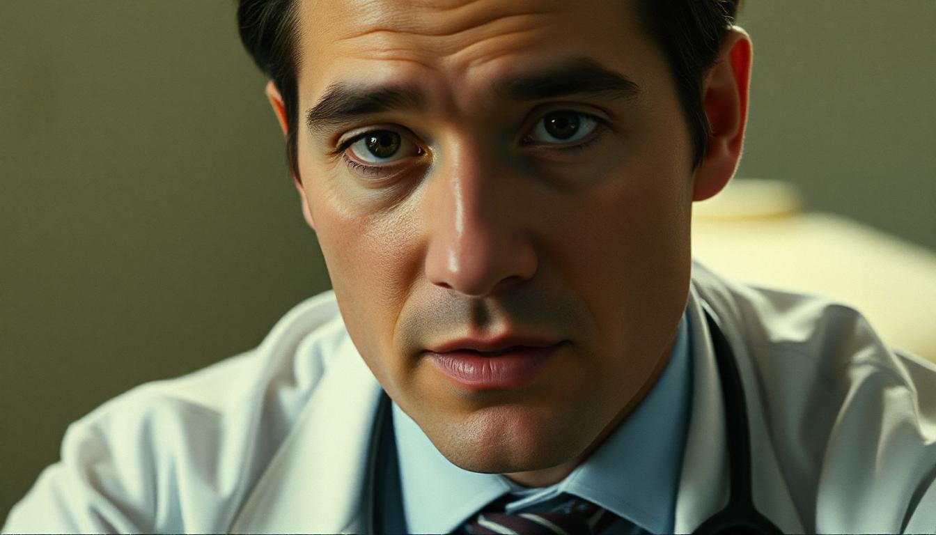 A man in a white coat looks directly at the camera A man in a white coat looks directly at the camera