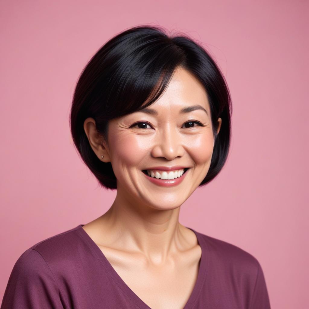 A woman smiles in front of a pink background A woman smiles in front of a pink background