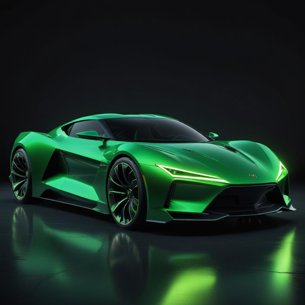 A green sports car sits on a black surface A green sports car sits on a black surface