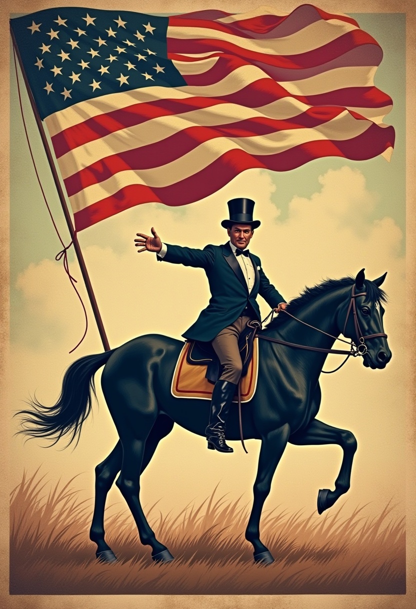Man rides horse, american flag waving behind Man rides horse, american flag waving behind