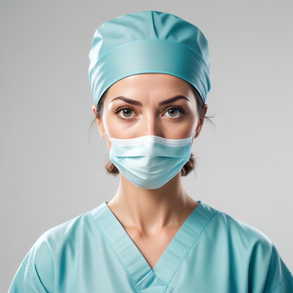 Nurse in scrubs and mask gazes at camera Nurse in scrubs and mask gazes at camera