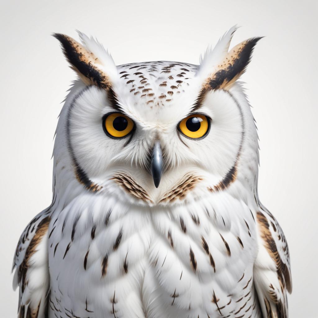 A white owl with yellow eyes stares intently at the camera A white owl with yellow eyes stares intently at the camera