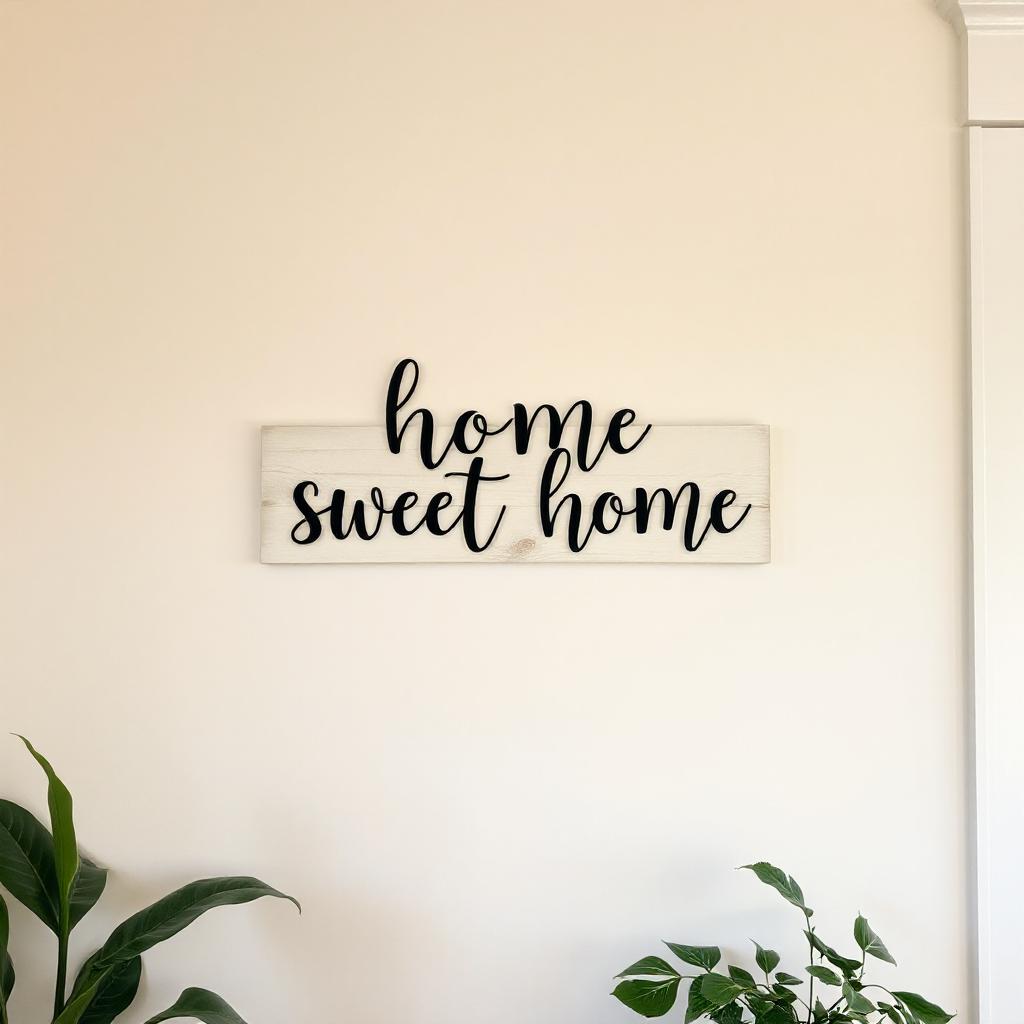 A home sweet home sign hangs on a white wall A home sweet home sign hangs on a white wall