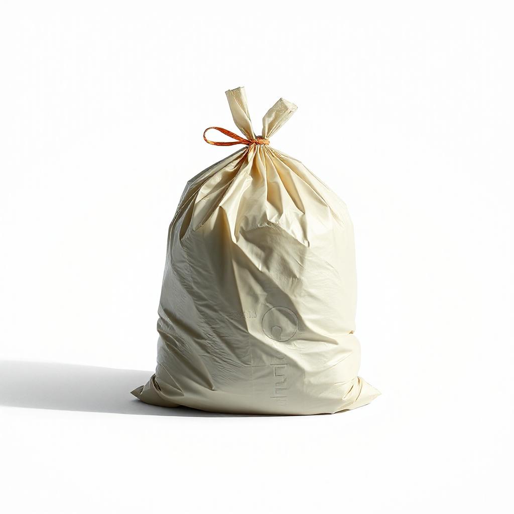 A white trash bag is tied with a rubber band A white trash bag is tied with a rubber band
