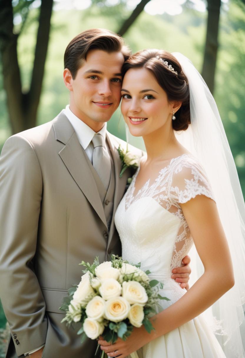 A bride and groom pose for a photo on their wedding day