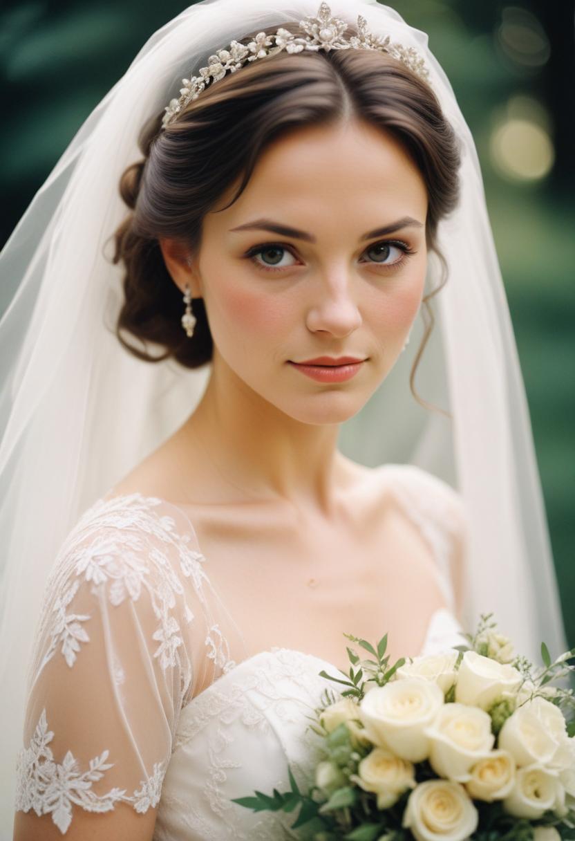 A bride poses for a photo with a bouquet of white roses