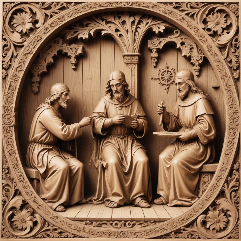 Three men are carved in wood Three men are carved in wood