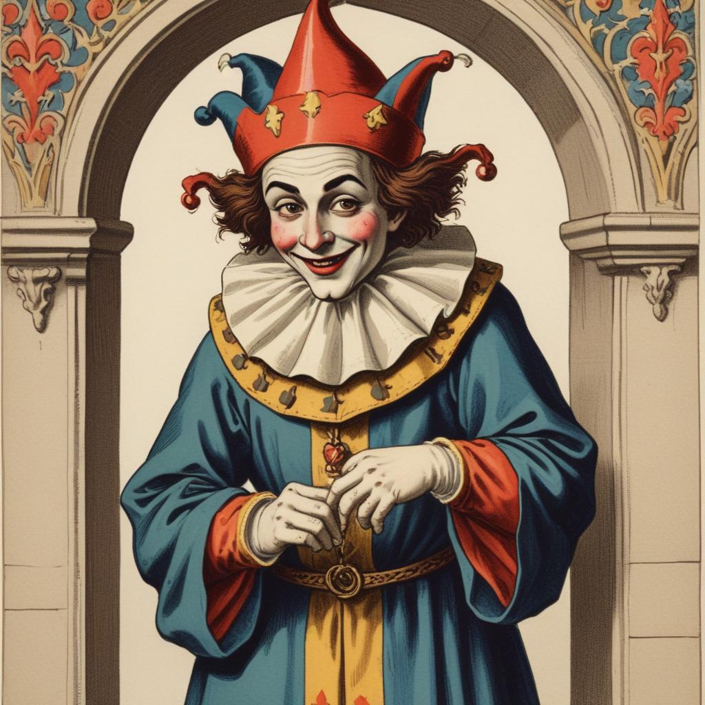 A jester smiles while standing in a doorway A jester smiles while standing in a doorway