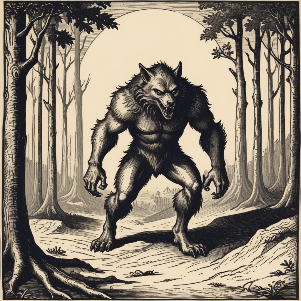 A werewolf stands in a forest under a full moon A werewolf stands in a forest under a full moon
