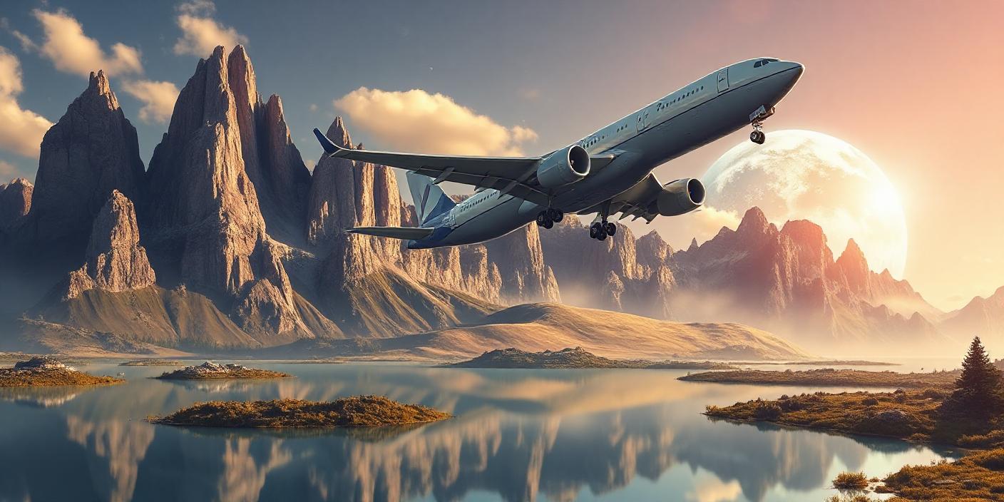 A plane flies over a lake and mountains at sunset A plane flies over a lake and mountains at sunset