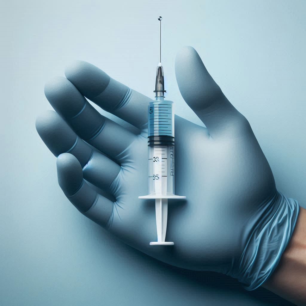 A gloved hand holds a syringe A gloved hand holds a syringe