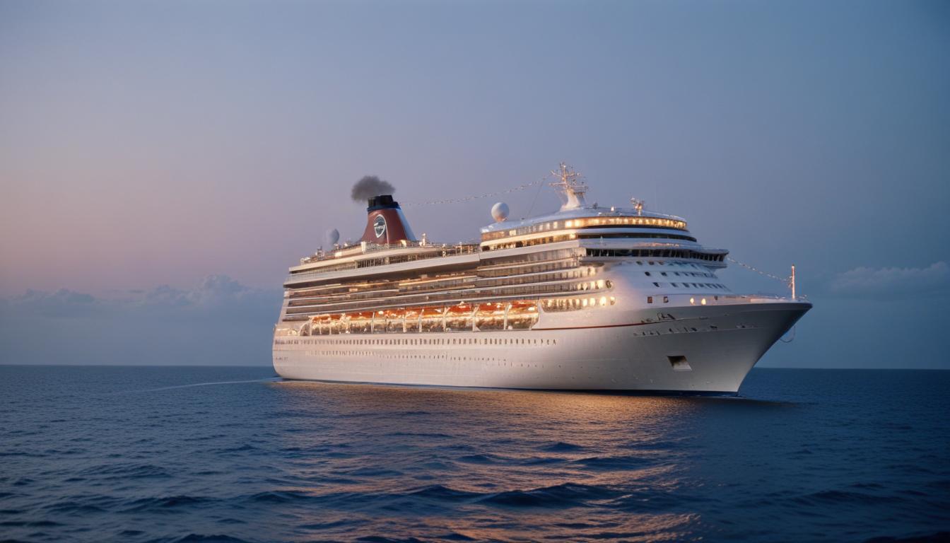 A large cruise ship sails across the ocean at dusk A large cruise ship sails across the ocean at dusk