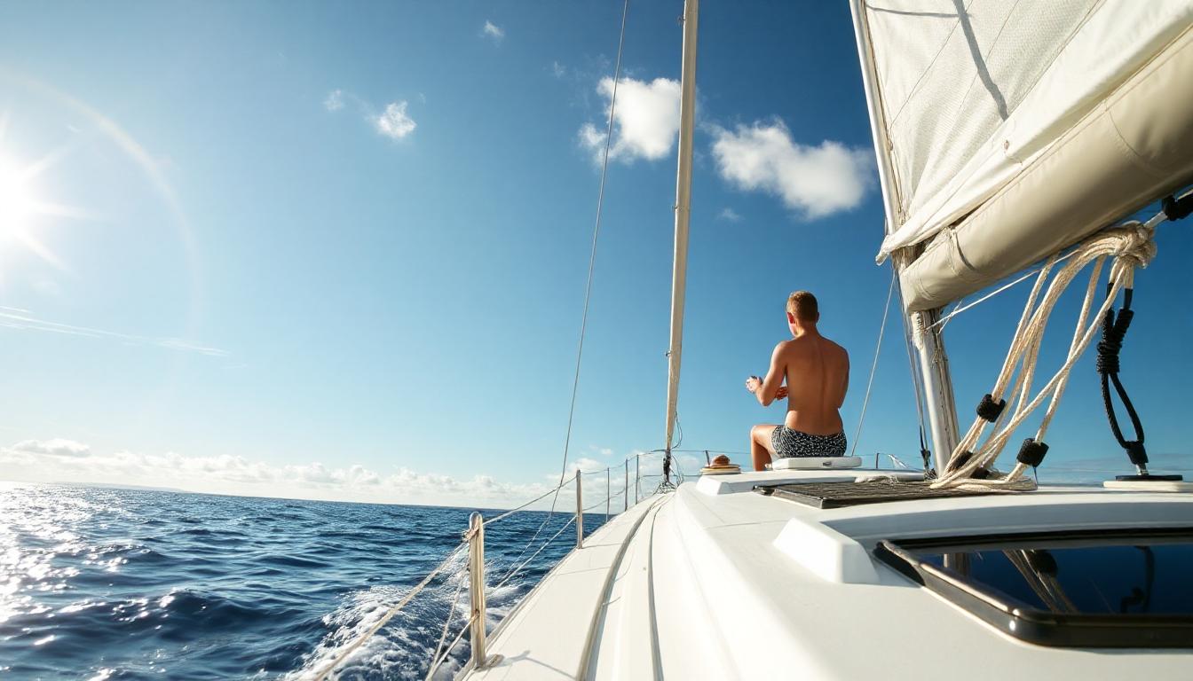 A man relaxes on a sailboat on a sunny day A man relaxes on a sailboat on a sunny day