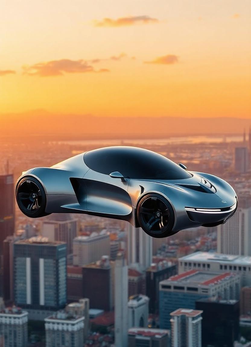 A futuristic car flies over a city at sunset A futuristic car flies over a city at sunset