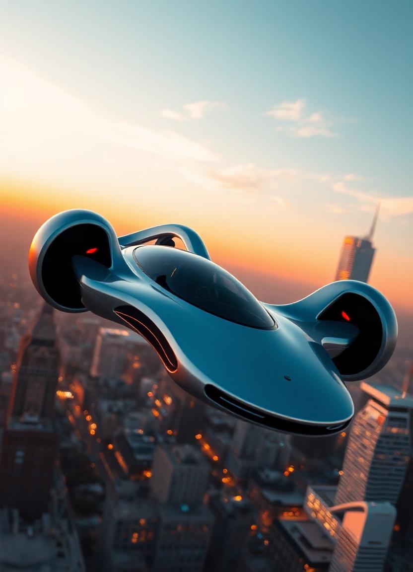 A futuristic flying car soars over a city at sunset A futuristic flying car soars over a city at sunset
