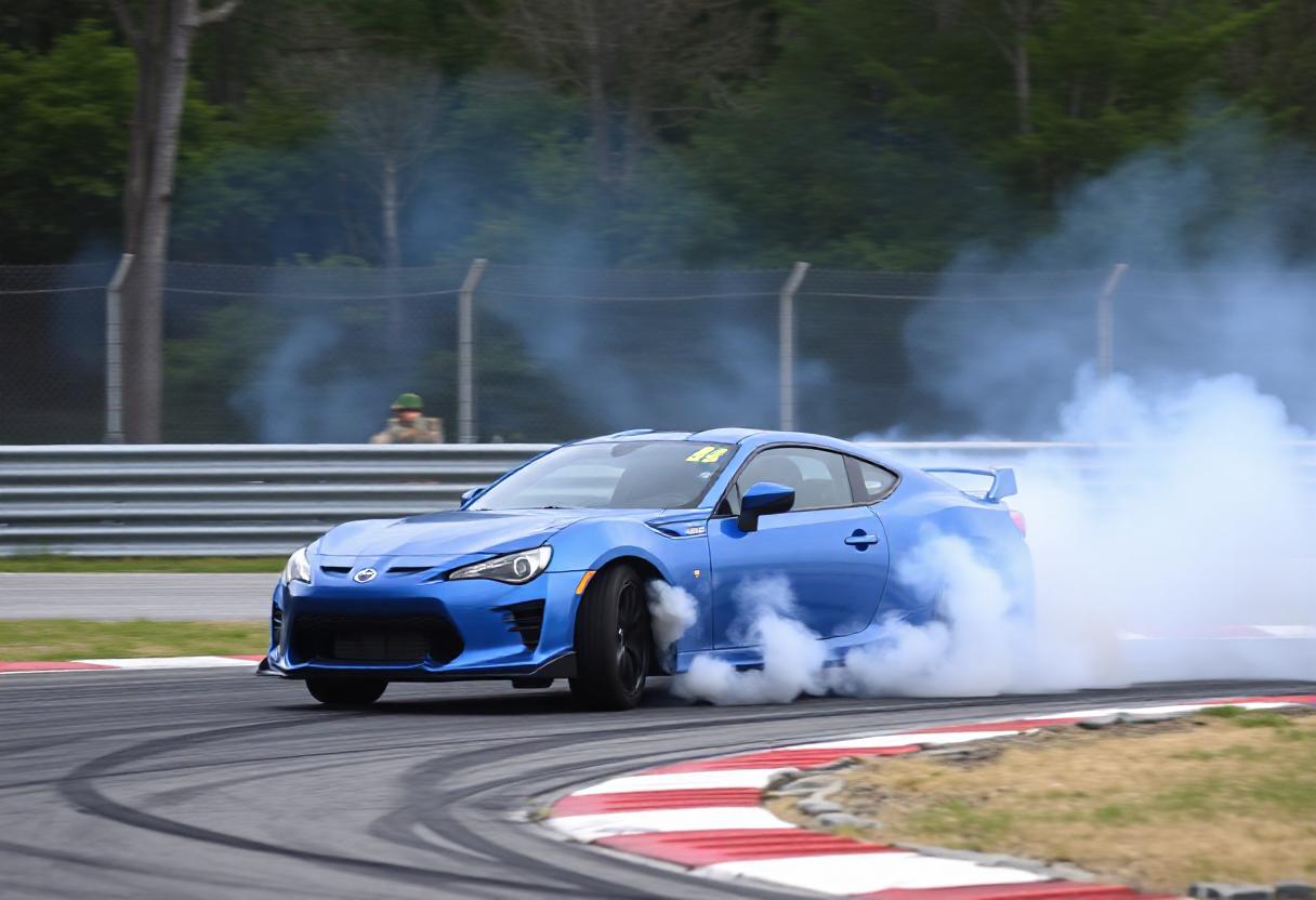 A blue car drifts on a race track A blue car drifts on a race track