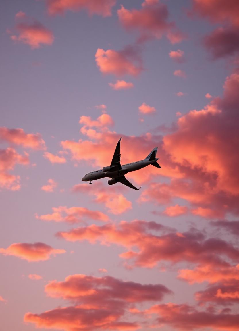 A plane flies through a pink sunset sky A plane flies through a pink sunset sky