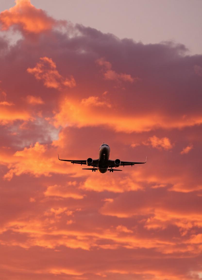 An airplane flies against a vibrant sunset sky An airplane flies against a vibrant sunset sky