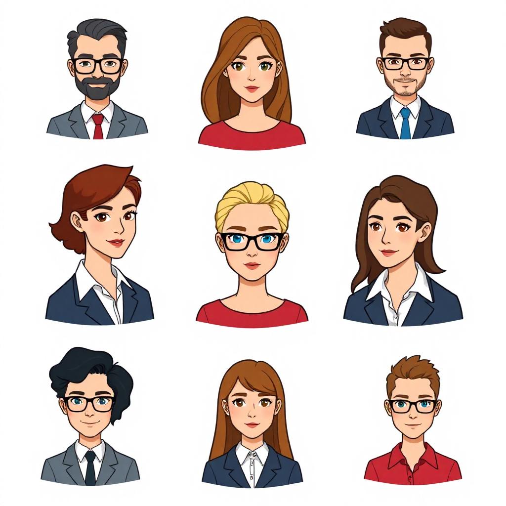 Nine cartoon portraits of businesspeople Nine cartoon portraits of businesspeople