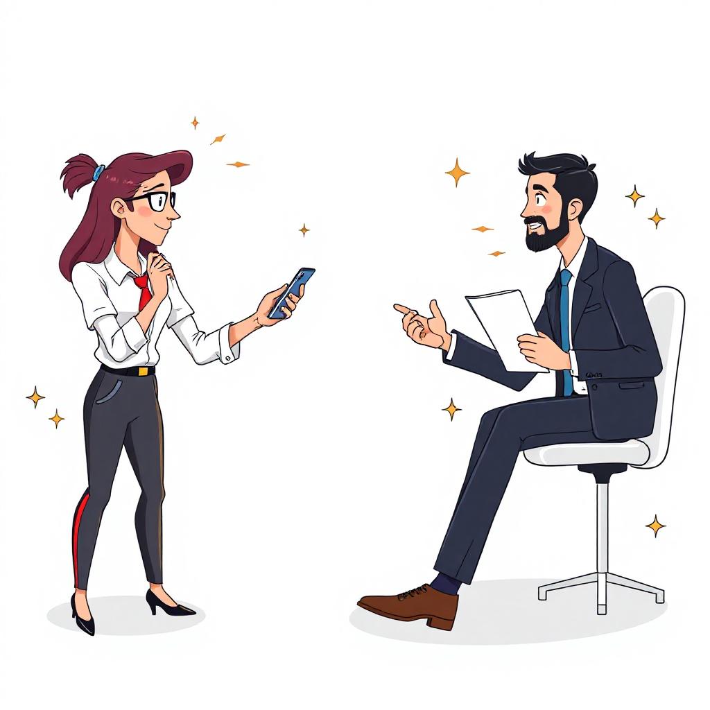 Woman snaps a photo of a man presenting Woman snaps a photo of a man presenting