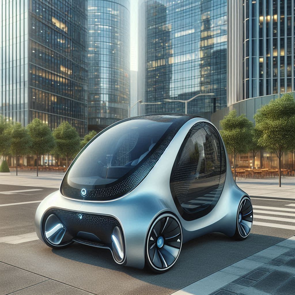 A futuristic car drives on a city street A futuristic car drives on a city street