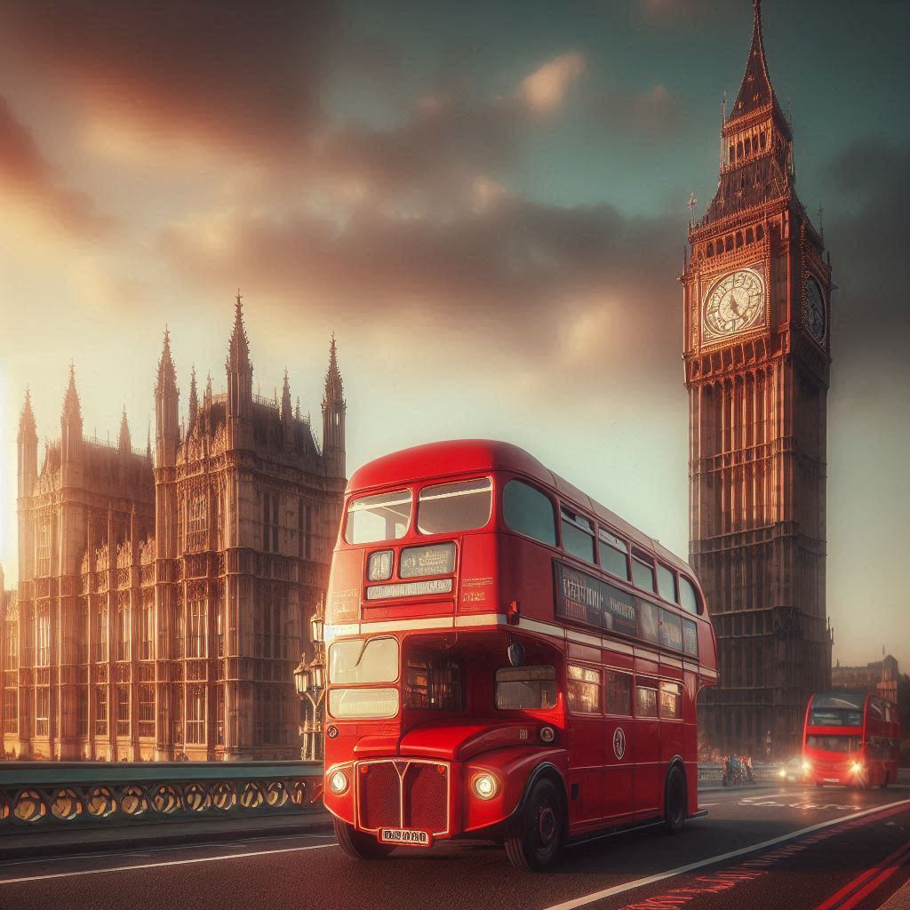 A red double-decker bus drives past big ben in london A red double-decker bus drives past big ben in london