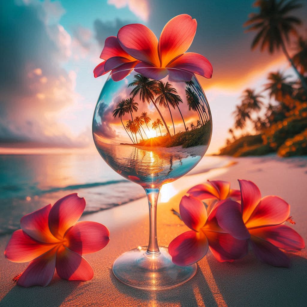 A glass reflects a tropical sunset on the beach A glass reflects a tropical sunset on the beach