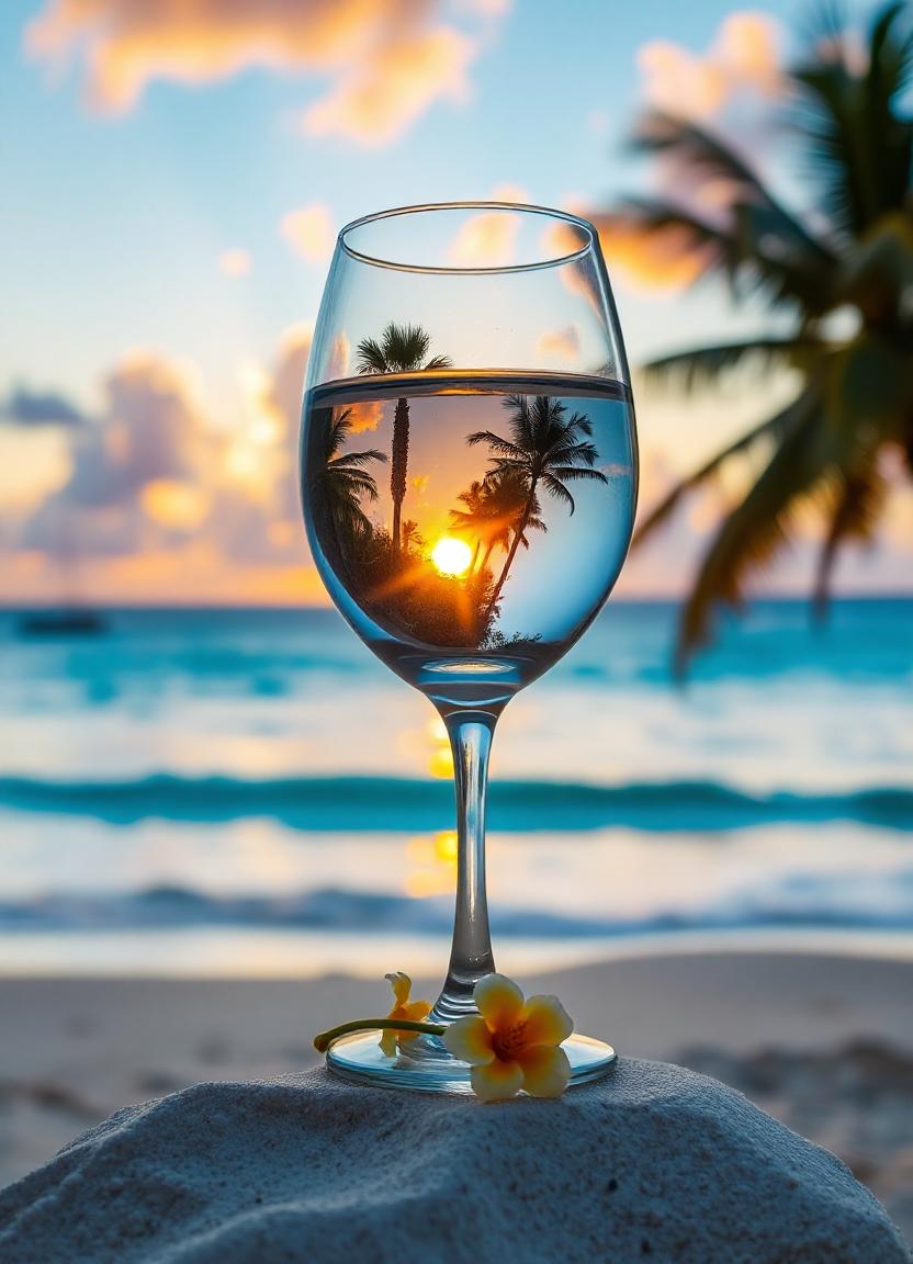A glass reflects a sunset on the beach A glass reflects a sunset on the beach