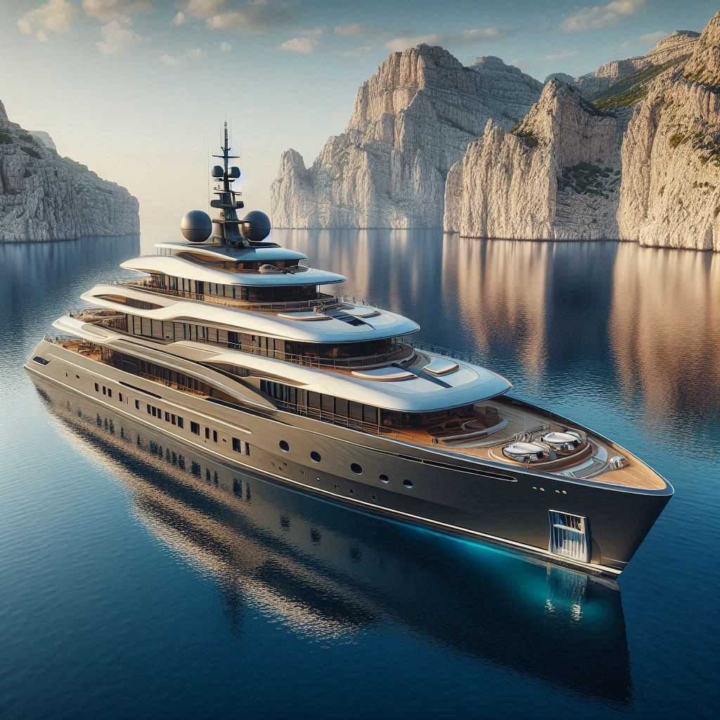 A yacht docks in a stunning bay with cliffs A yacht docks in a stunning bay with cliffs