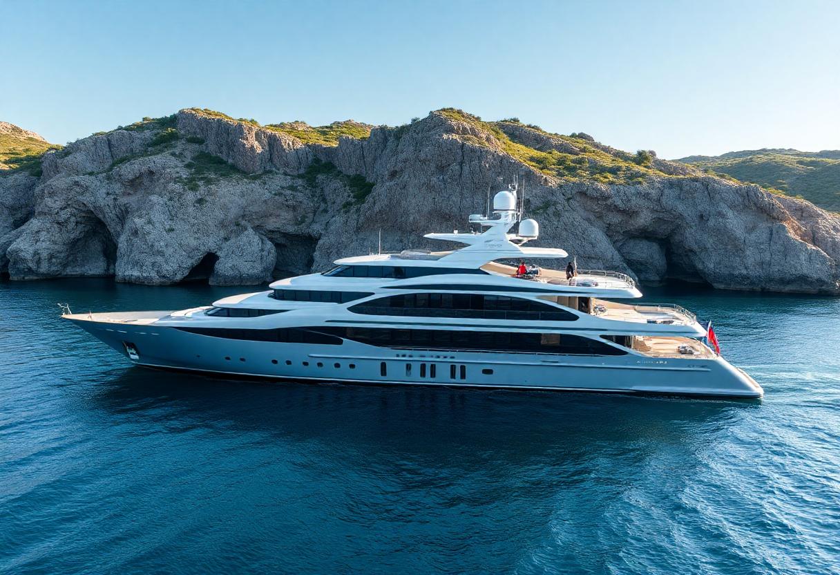 A large yacht sails past rocky cliffs on a sunny day A large yacht sails past rocky cliffs on a sunny day