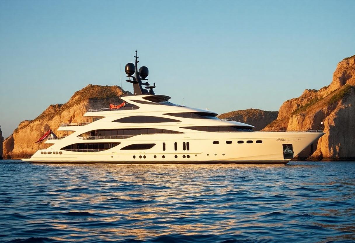 A white yacht sails at sunset by rocky cliffs A white yacht sails at sunset by rocky cliffs