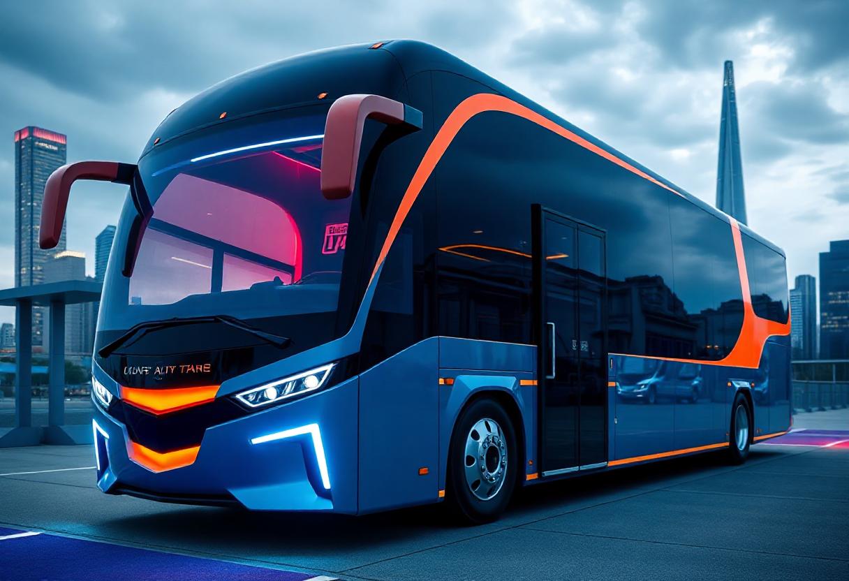 A modern blue bus parked in a city at night A modern blue bus parked in a city at night