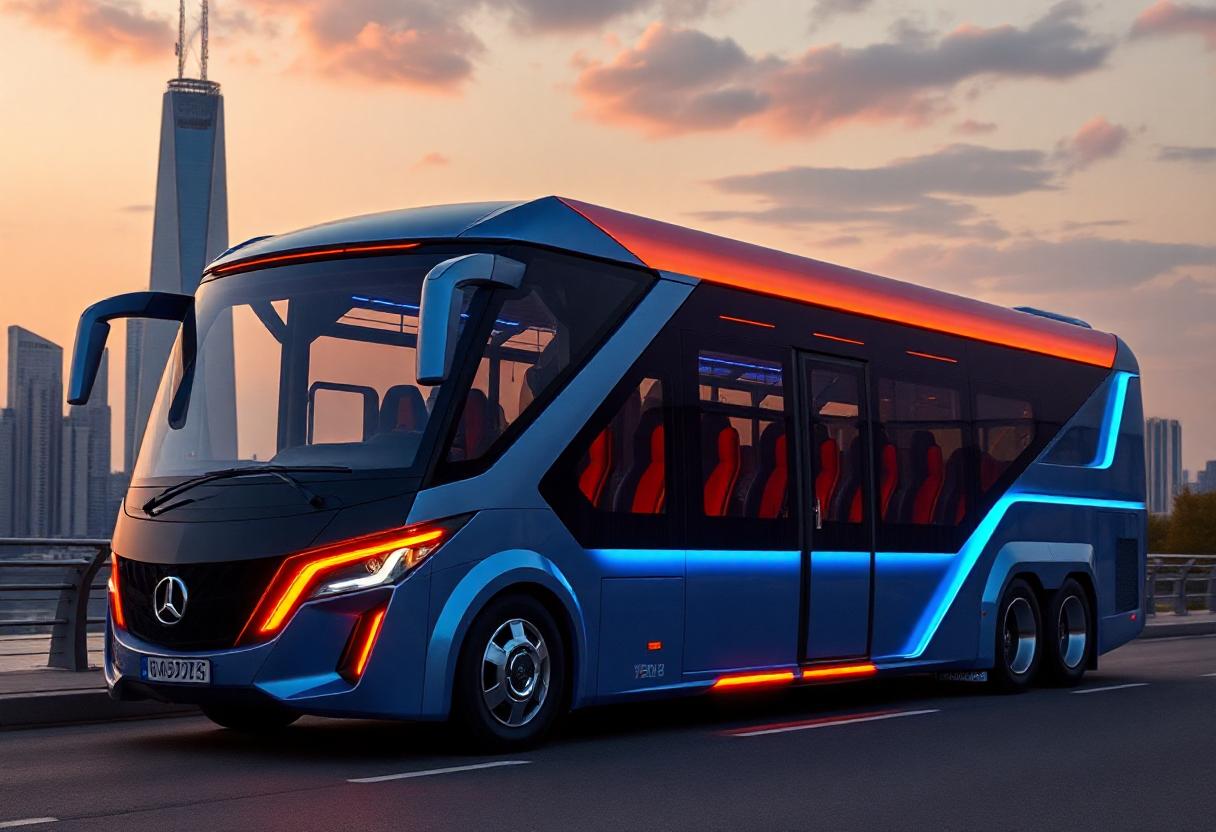 A blue bus drives on a road at sunset A blue bus drives on a road at sunset