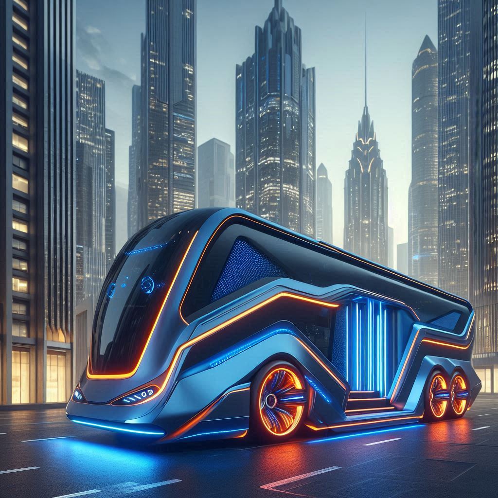 A futuristic bus drives through a city at dusk A futuristic bus drives through a city at dusk
