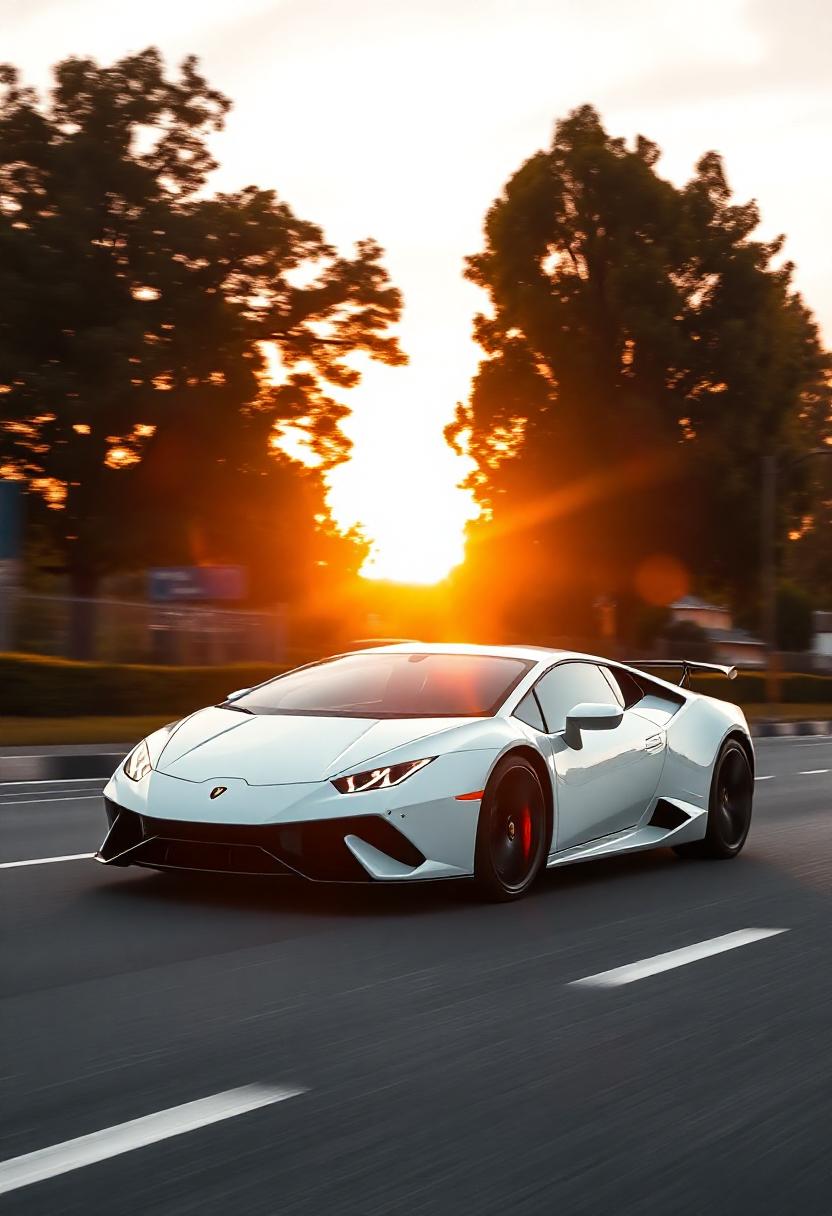 A white sports car drives down a road at sunset A white sports car drives down a road at sunset