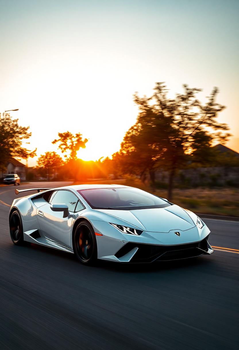 A white sports car drives down a road at sunset A white sports car drives down a road at sunset