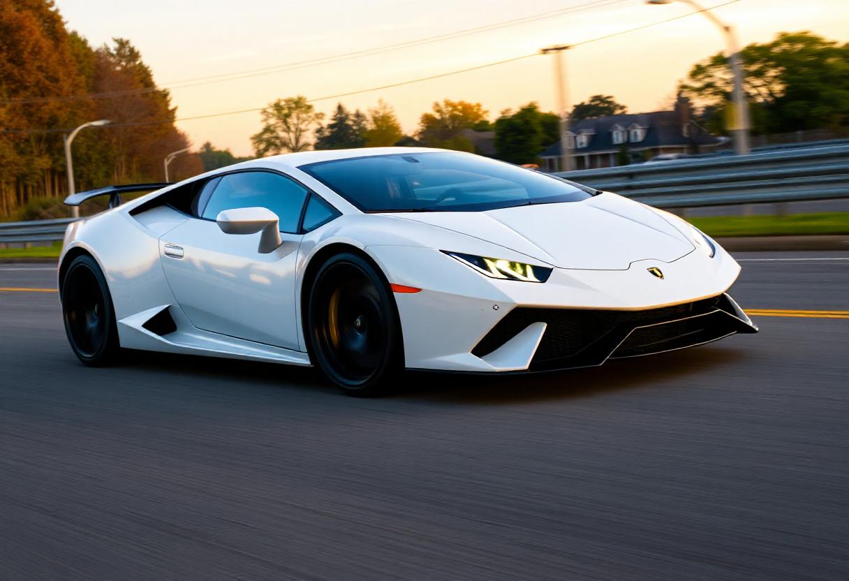 A white sports car drives down a road at sunset A white sports car drives down a road at sunset