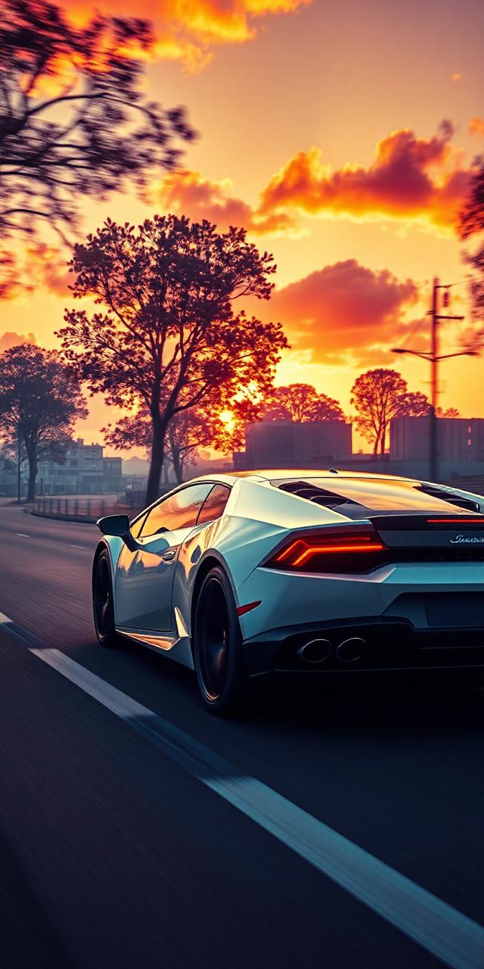 White sports car on road with sunset backdrop White sports car on road with sunset backdrop