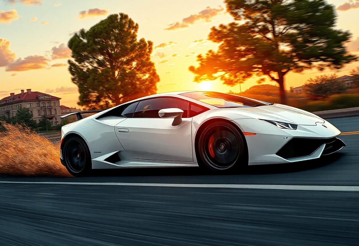 A white sports car speeds down a road at sunset A white sports car speeds down a road at sunset