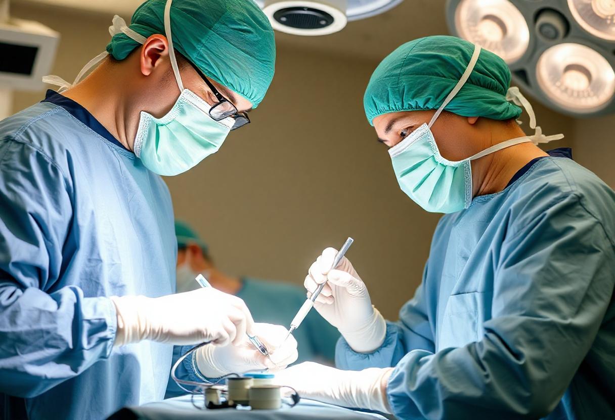 Two surgeons perform surgery in an operating room Two surgeons perform surgery in an operating room