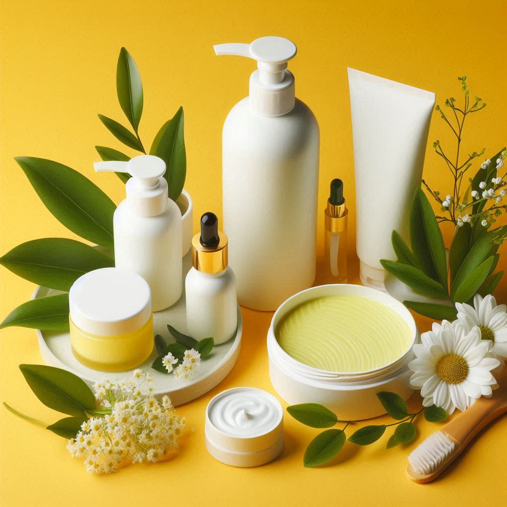 Skincare products on a yellow background Skincare products on a yellow background