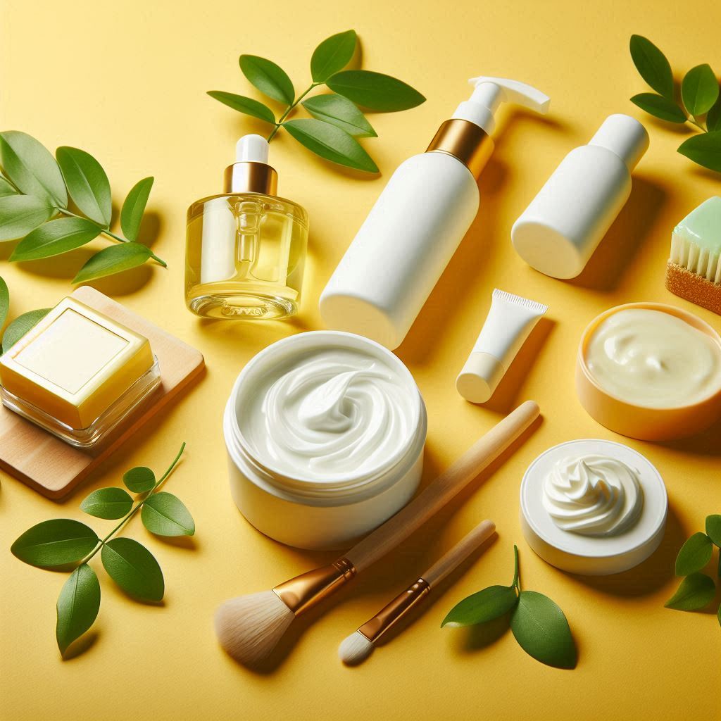 Skincare products on a yellow backdrop Skincare products on a yellow backdrop