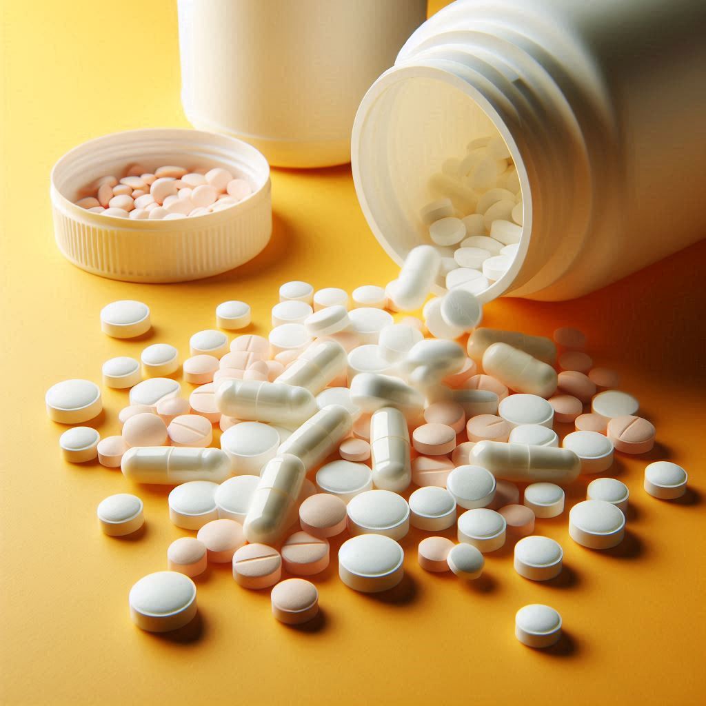 Pills spill out of a bottle on a yellow surface Pills spill out of a bottle on a yellow surface