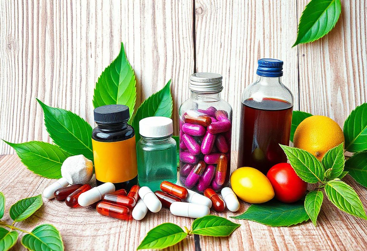 Various supplements on a wooden table with green leaves Various supplements on a wooden table with green leaves