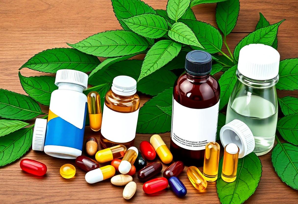 Herbal supplements and pills on a wooden table Herbal supplements and pills on a wooden table