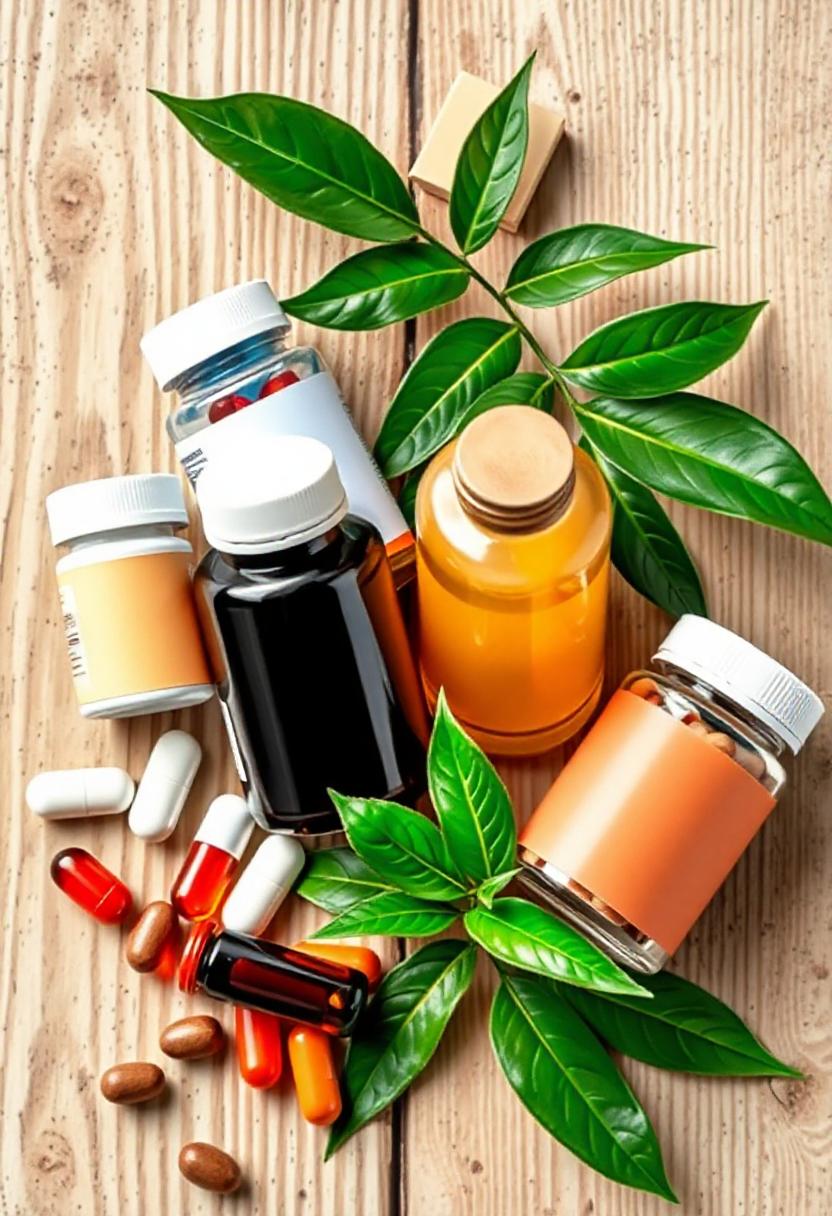 Pills and capsules with leaves on a wooden table Pills and capsules with leaves on a wooden table